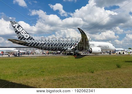 BERLIN GERMANY - JUNE 02 2016: The newest Airbus A350 XWB at the airfield. Exhibition ILA Berlin Air Show 2016
