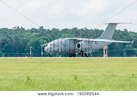 BERLIN GERMANY - JUNE 02 2016: Preparing for takeoff military transport aircraft Antonov An-178. Exhibition ILA Berlin Air Show 2016