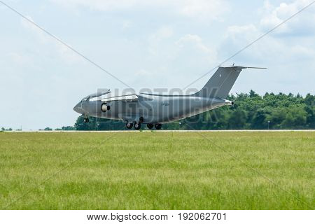 BERLIN GERMANY - JUNE 02 2016: Takeoff a military transport aircraft Antonov An-178. Exhibition ILA Berlin Air Show 2016