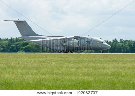 BERLIN GERMANY - JUNE 02 2016: Preparing for takeoff military transport aircraft Antonov An-178. Exhibition ILA Berlin Air Show 2016