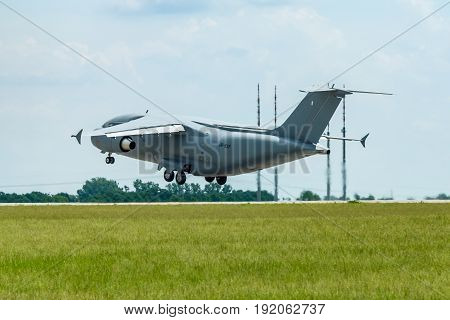 BERLIN GERMANY - JUNE 02 2016: Takeoff a military transport aircraft Antonov An-178. Exhibition ILA Berlin Air Show 2016