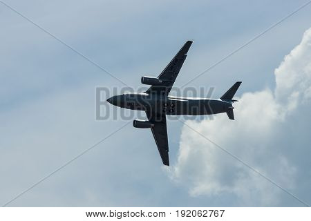 BERLIN GERMANY - JUNE 02 2016: Demonstration flight of military transport aircraft Antonov An-178. Exhibition ILA Berlin Air Show 2016