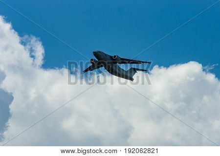 BERLIN GERMANY - JUNE 02 2016: Demonstration flight of military transport aircraft Antonov An-178. Exhibition ILA Berlin Air Show 2016