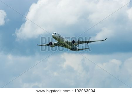 BERLIN GERMANY - JUNE 02 2016: Demonstration flight Airbus A350 XWB. Exhibition ILA Berlin Air Show 2016