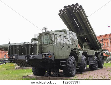 St. Petersburg Russia - 28 May, Combat machine of the rocket fire system Smerch,28 May, 2017.
Military History Museum of combat equipment in St. Petersburg.