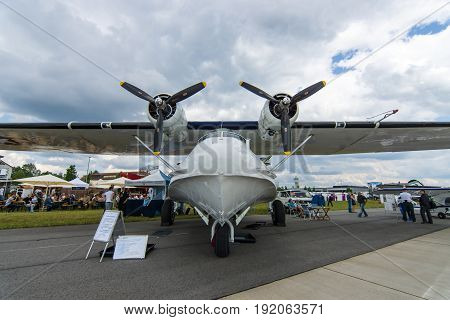 BERLIN GERMANY - JUNE 02 2016: Maritime patrol and search-and-rescue seaplane Consolidated PBY Catalina (PBY-5A). Exhibition ILA Berlin Air Show 2016