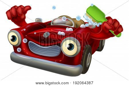 Cartoon car wash character with a happy face giving a thumbs up and scrubbing himself with a brush