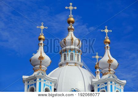 Onion domes of the Smolny Cathedral (built 1746 - 1835). St. Petersburg, Russia.