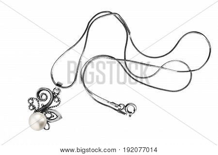 Necklace with a silver pearl pendant isolated over white