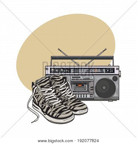 Pair of zebra sneakers and audio tape recorder, boom box from 90s, retro icons, sketch vector illustration with space for text. Retro style sneakers and tape recorder from nineties