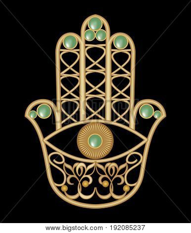 Golden Miriam hand with eye shape in filigree design with green emerald gem amulet of protection eps10 vector