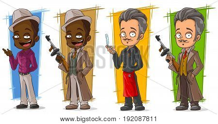 Cartoon criminals gangsters and police detective character vector set