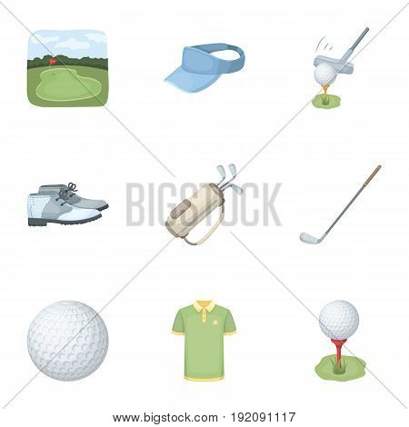 A golfer, a ball, a club and other golf attributes.Golf club set collection icons in cartoon style vector symbol stock illustration .