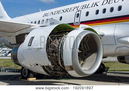 BERLIN GERMANY - JUNE 03 2016: Turbofan of corporate jetliner Airbus A319 CJ Bundesrepublik Deutschland. Exhibition ILA Berlin Air Show 2016