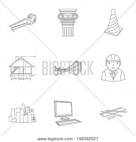 A set of icons on the theme of construction and architects. Builders, architects, and subjects for construction . Architect icon in set collection on outline style vector symbol stock web illustration.
