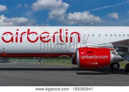 BERLIN GERMANY - JUNE 03 2016: Narrow-body jet airliner Airbus A321-211. Airberlin. Exhibition ILA Berlin Air Show 2016