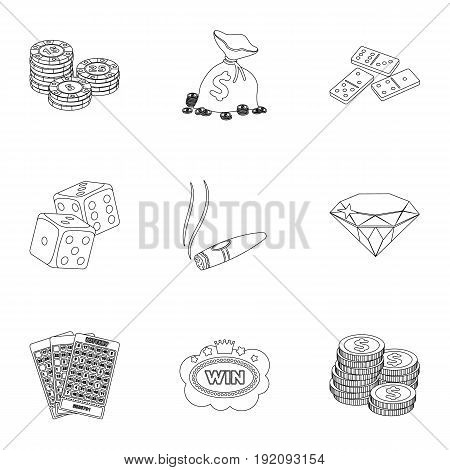 The set of symbols casino games. Gambling for money. Chips, dominoes, casino. Casino and gambling icon in set collection on outline style vector symbol stock web illustration.