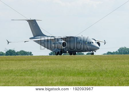 BERLIN GERMANY - JUNE 03 2016: Preparing for takeoff military transport aircraft Antonov An-178. Exhibition ILA Berlin Air Show 2016