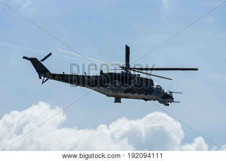 BERLIN GERMANY - JUNE 03 2016: Attack helicopter Mil Mi-24 Hind. Czech Air Force. Exhibition ILA Berlin Air Show 2016