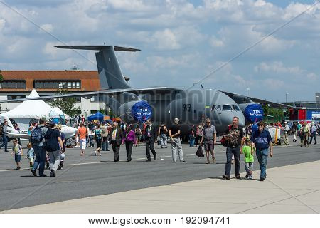 BERLIN GERMANY - JUNE 03 2016: Military transport aircraft Antonov An-178. Exhibition ILA Berlin Air Show 2016