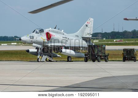 BERLIN GERMANY - JUNE 03 2016: Single seat subsonic carrier-capable attack aircraft McDonnell Douglas A-4N Skyhawk. Exhibition ILA Berlin Air Show 2016