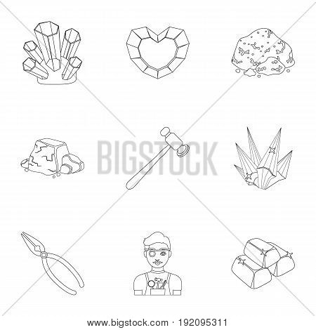 A set of jewelry, crystals, minerals and expensive metals. The jeweler inspects the ornaments.Precious minerals amd jeweler icon in set collection on outline style vector symbol stock web illustration.
