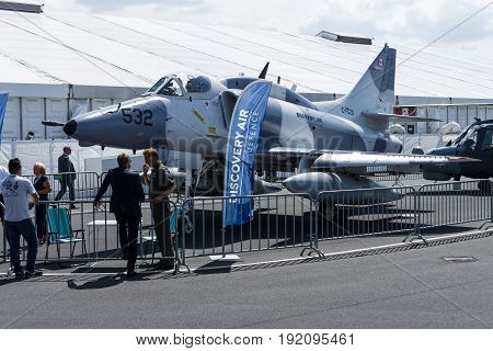 BERLIN GERMANY - JUNE 03 2016: Single seat subsonic carrier-capable attack aircraft McDonnell Douglas A-4N Skyhawk. Exhibition ILA Berlin Air Show 2016