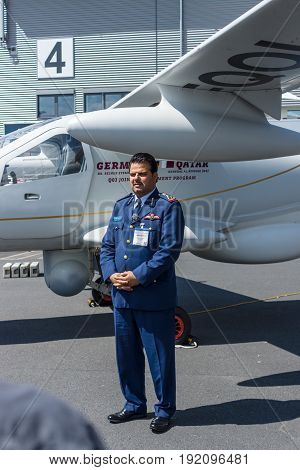 BERLIN GERMANY - JUNE 03 2016: German reconnaissance aircraft Stemme Q01-100 (Prototype) and General Khalid al Kuwari (Qatar). Exhibition ILA Berlin Air Show 2016