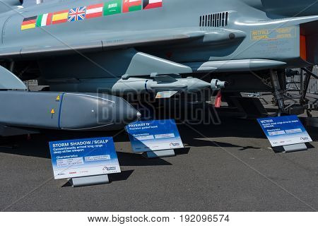 BERLIN GERMANY - JUNE 03 2016: Samples of the suspension arms missiles and aerial bombs of multirole fighter Eurofighter Typhoon. Exhibition ILA Berlin Air Show 2016