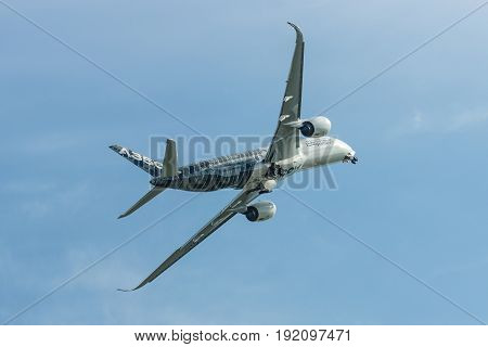 BERLIN GERMANY - JUNE 03 2016: Demonstration flight Airbus A350 XWB. Exhibition ILA Berlin Air Show 2016
