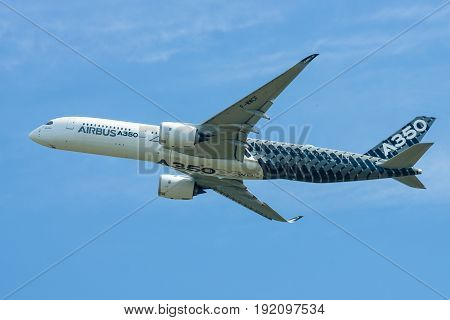 BERLIN GERMANY - JUNE 03 2016: Demonstration flight Airbus A350 XWB. Exhibition ILA Berlin Air Show 2016