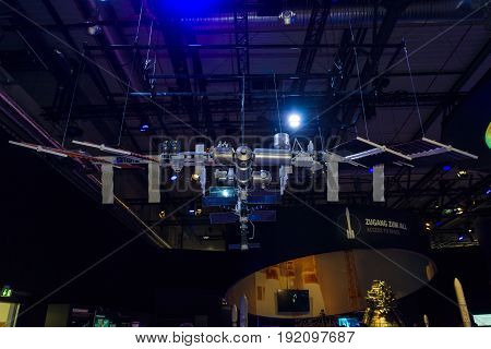 BERLIN GERMANY - JUNE 03 2016: Model of the International Space Station (ISS). Exhibition ILA Berlin Air Show 2016