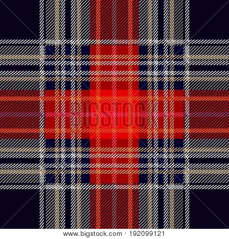 Simple geometric woolen print. Red, blue, white checkers and stripes on black background. Retro textile design collection.