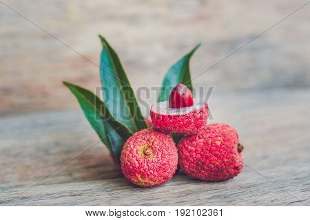 Fresh Litchi Fruit On An Old Wooden Background