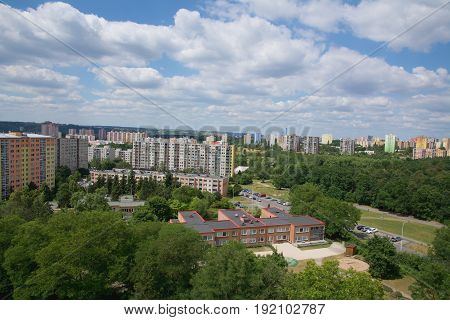 Old prefabricated housing estates in the outskirts of the town near a forest