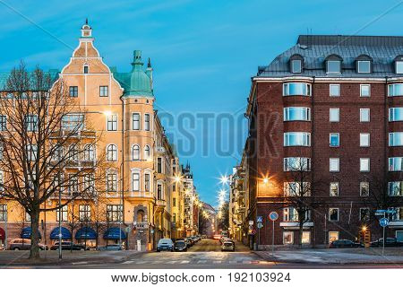 Helsinki, Finland - December 11, 2016: Residential House Building At Intersection Of Merikatu, Neitsytpolku And Puistokatu Streets In Winter Morning Evening. Ullanlinna Neighbourhood, District