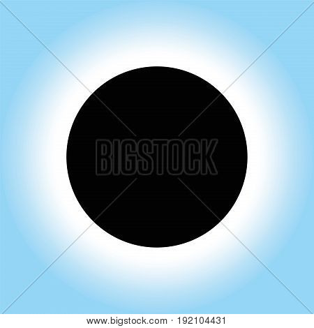 Solar eclipse icon - symbolic vector illustration of a black circle on a white to blue gradient radial background - occurs when the moon passes between sun and earth and blocks the sun.