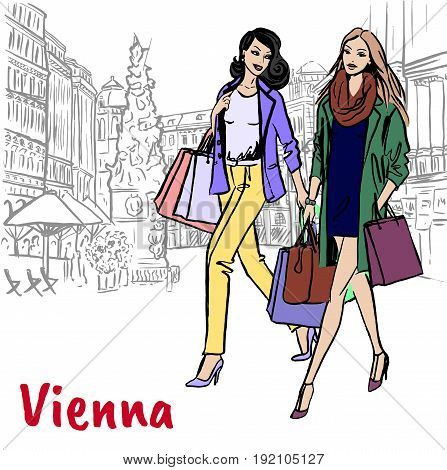 Women girlfriends with shopping bags in Vienna, Austria. Hand-drawn illustration. Fashion sketch