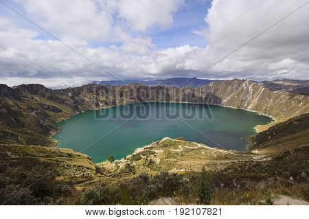 Panoramic view of volcanic Quilotoa lagoon Ecuador South America Andean highlands