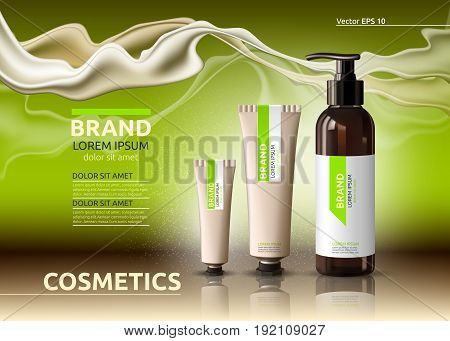 Body care cosmetic set serum and cream ads template. Hydrating facial or body lotions. Mockup 3D Realistic illustration. Sparkling greenery