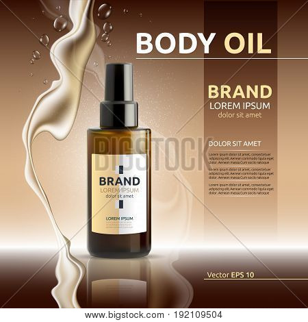 Body oil cosmetic ads template. Hydrating body lotions. Mockup 3D Realistic illustration. Liquid drops