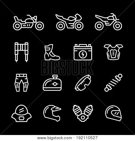 Set of motorcycle related line icons isolated on black. Vector illustration