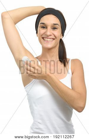 A pretty young woman with antiperspirant deodorant