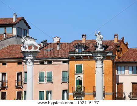 Columns With Statues One With Lion Of Venice And Another With A