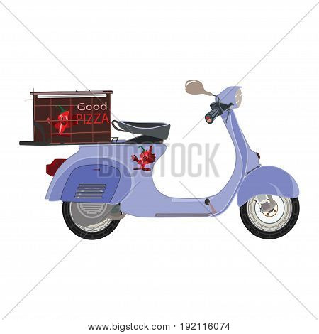 Vector illustration of pizza delivery scooter with pizza box. Fast delivery concept design element in flat style.