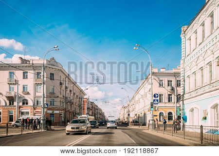 Gomel, Belarus - March 17, 2017: City Traffic In Sovetskaya Street In Sunny Spring Day
