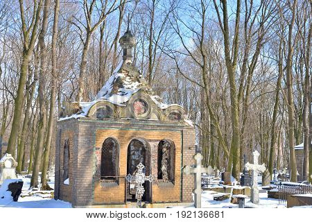 Novodevichye Cemetery at sunny winter day in St.Petersburg Russia. The burial covers the period from the 1850s to the present.