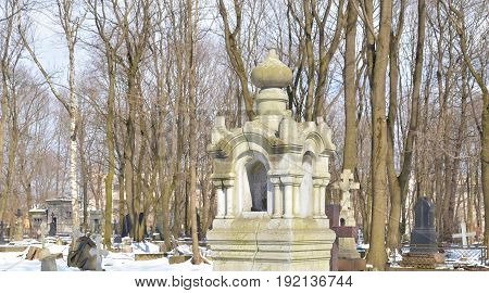 Novodevichye Cemetery at sunny winter day in St.Petersburg Russia. The burial covers the period from the 1850s to the present.