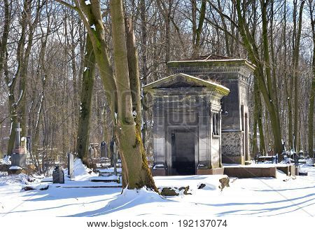 Novodevichye Cemetery at sunny winter day in St.Petersburg Russia. The burial covers the period from the 1850s to the present.