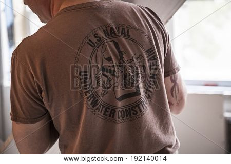 US Navy Seabees help Habitat for Humanity NYC on a housing building project in Brooklyn during Fleet Week New York, celebrating Sea Services and 75th anniversary of the Seabees, NEW YORK MAY 25 2017.